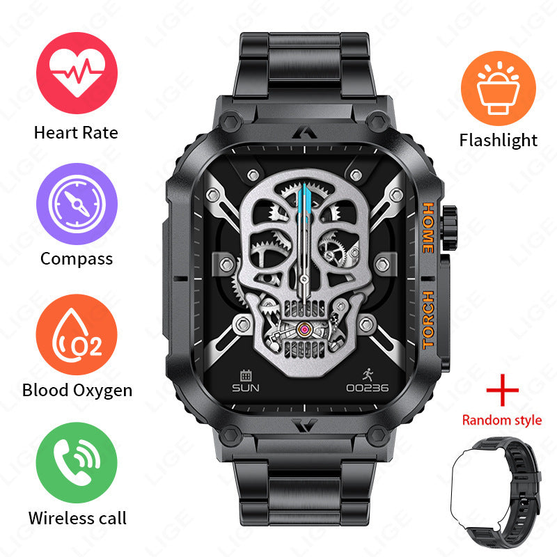 Smartwatch with Flashlight, Compass & Wireless Calling - Health & Fitness Tracker(Black case with black steel + black silicone)