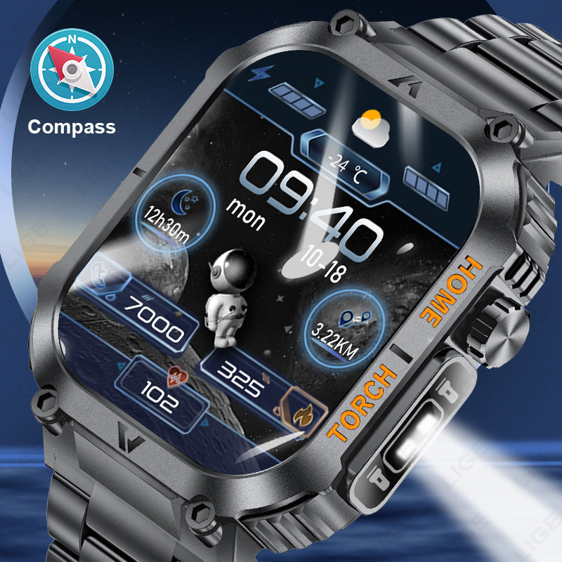Smartwatch with Flashlight, Compass & Wireless Calling - Health & Fitness Tracker(Black case with black steel + black silicone)