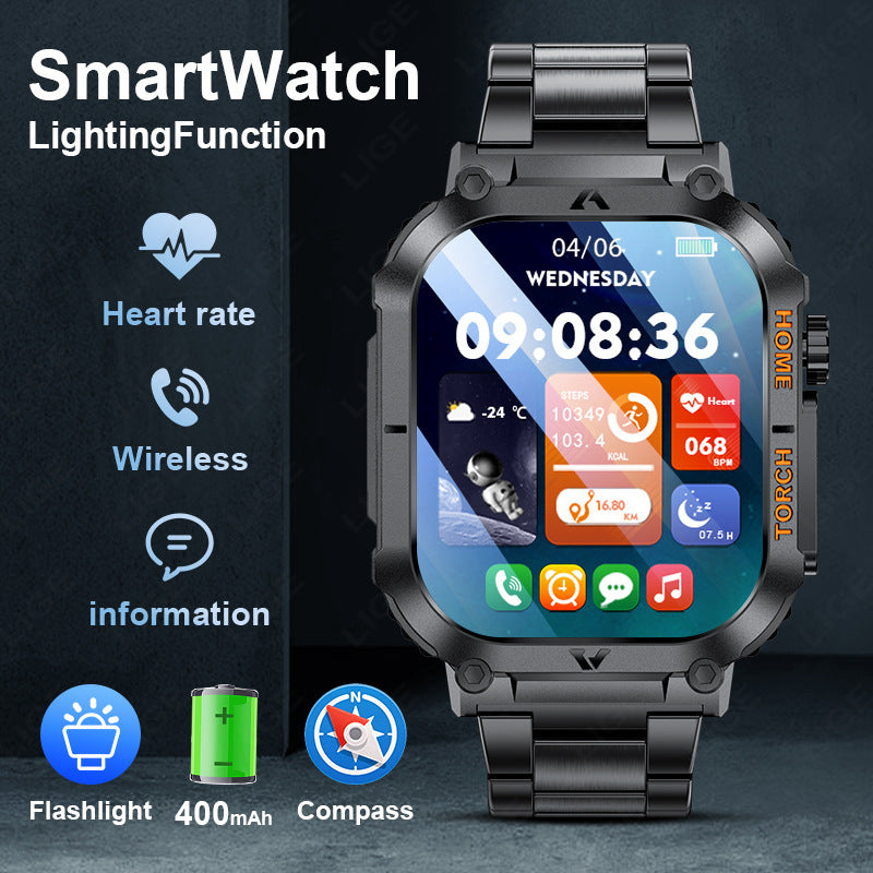 Smartwatch with Flashlight, Compass & Wireless Calling - Health & Fitness Tracker(Black case with black steel + black silicone)