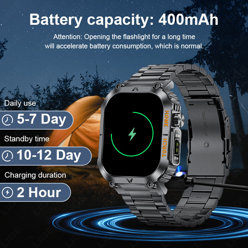 Smartwatch with Flashlight, Compass & Wireless Calling - Health & Fitness Tracker(Black case with black steel + black silicone)