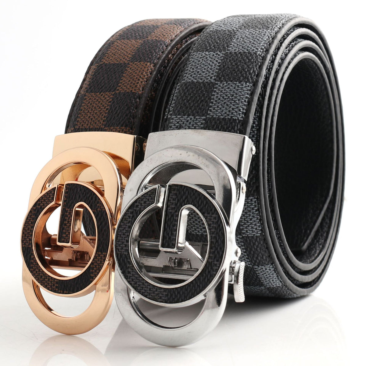 Luxury Designer Style PU Leather Belt,Automatic Buckle(G leather coffee ribbon + gold buckle)