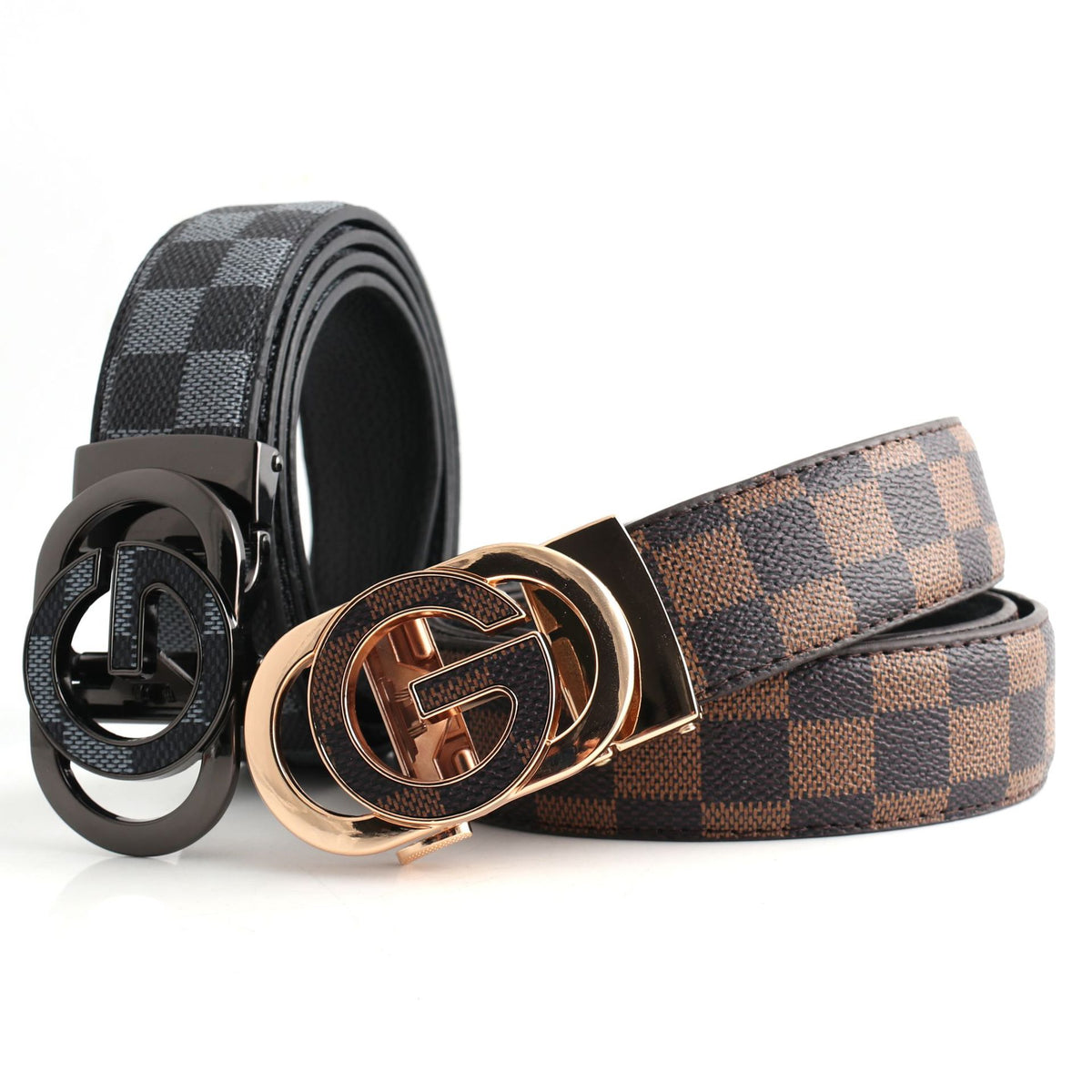 Luxury Designer Style PU Leather Belt,Automatic Buckle(G leather coffee ribbon + gold buckle)