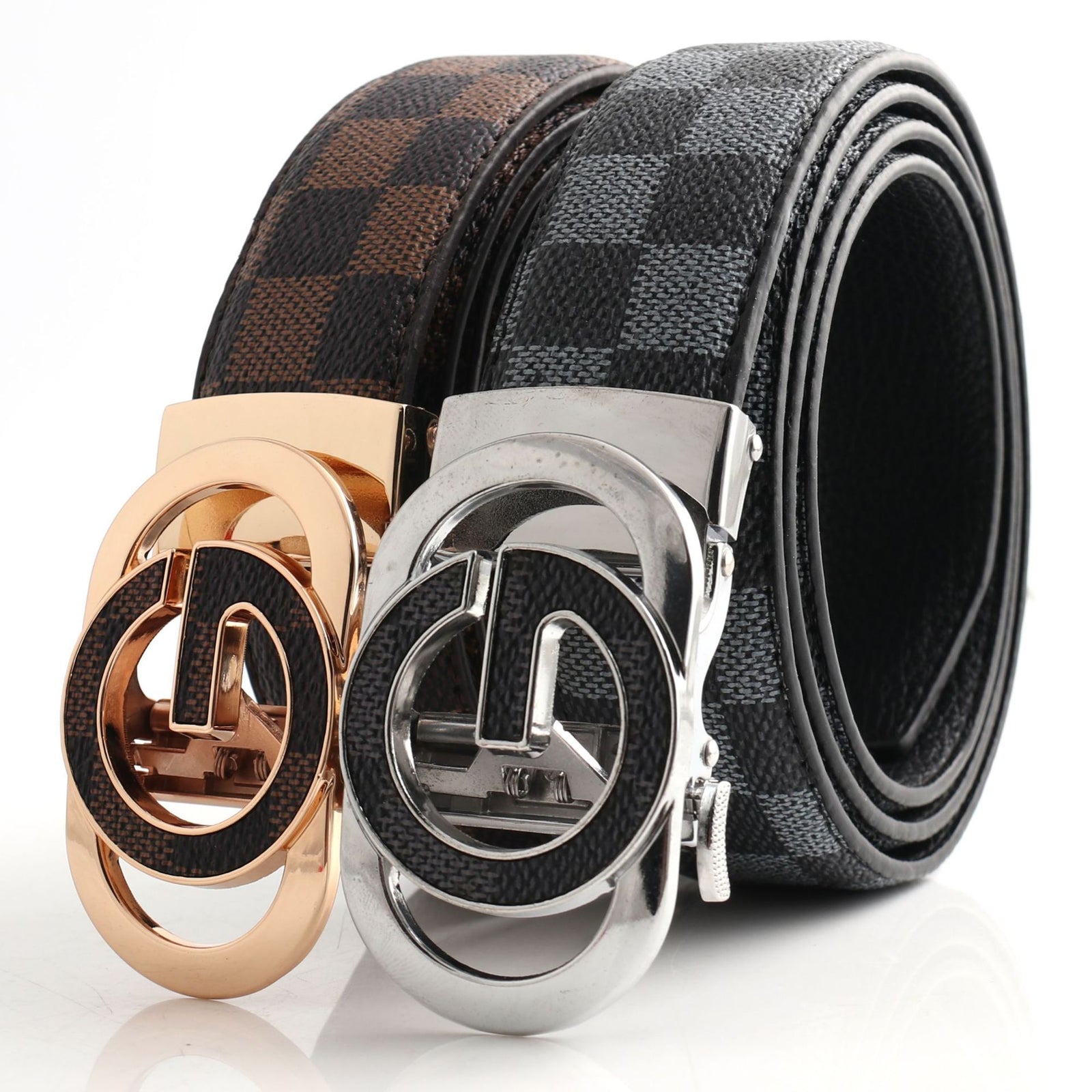 Luxury Designer Style PU Leather Belt,Automatic Buckle(G-patterned black-gray belt + gray buckle)