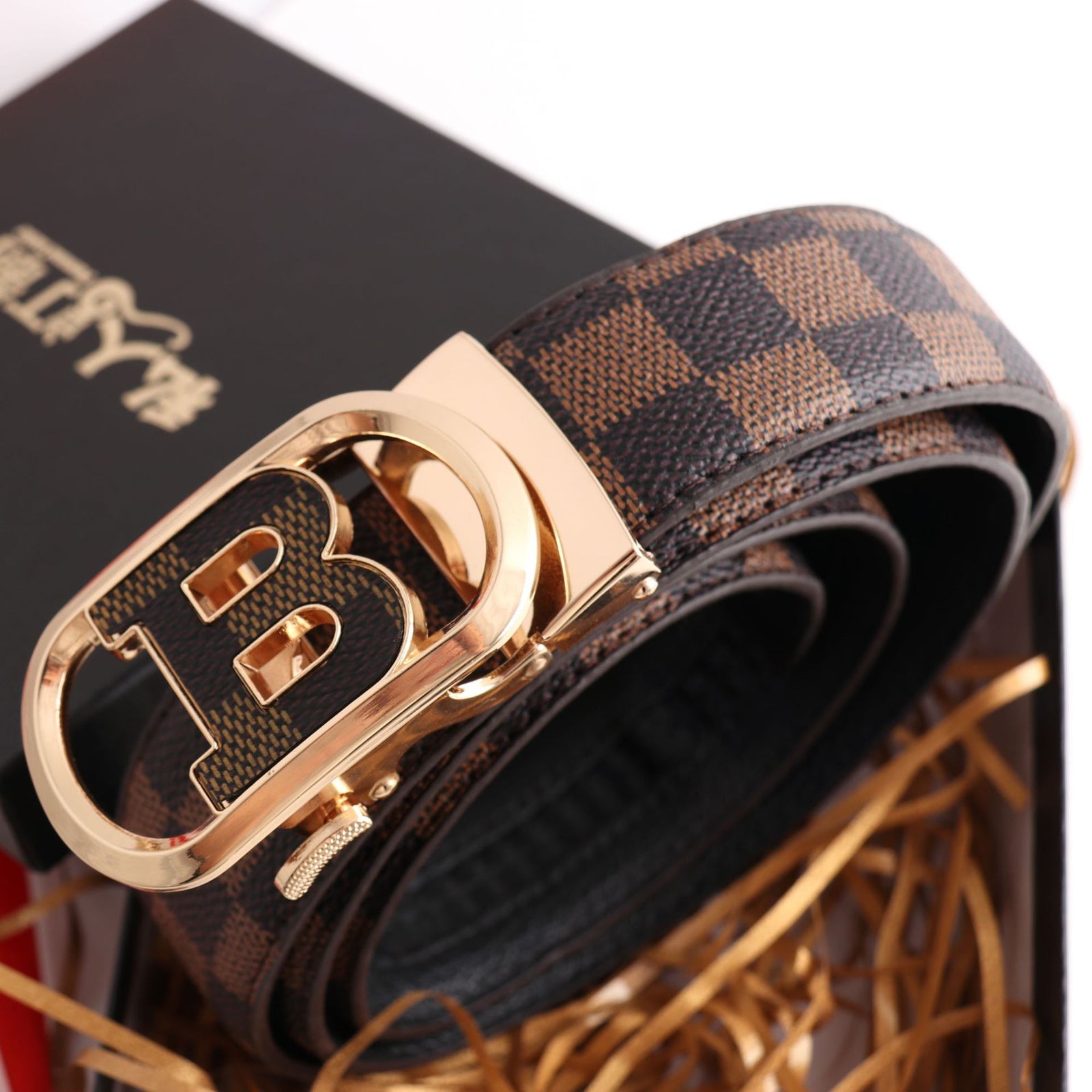 Luxury Designer Style PU Leather Belt,Automatic Buckle(B-patterned coffee-colored belt + gold buckle)