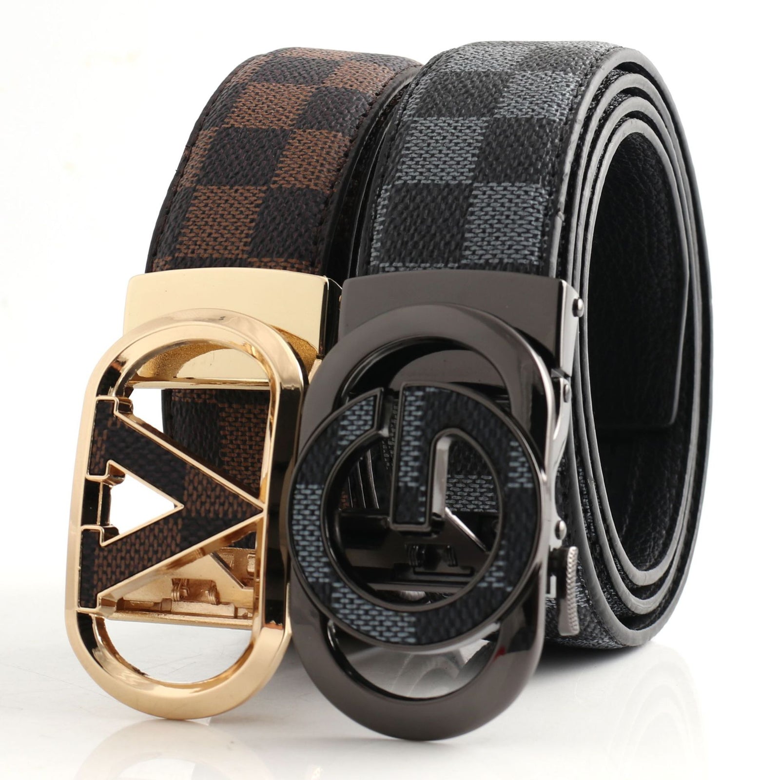 Luxury Designer Style PU Leather Belt,Automatic Buckle(V-patterned black-gray belt + gray buckle)