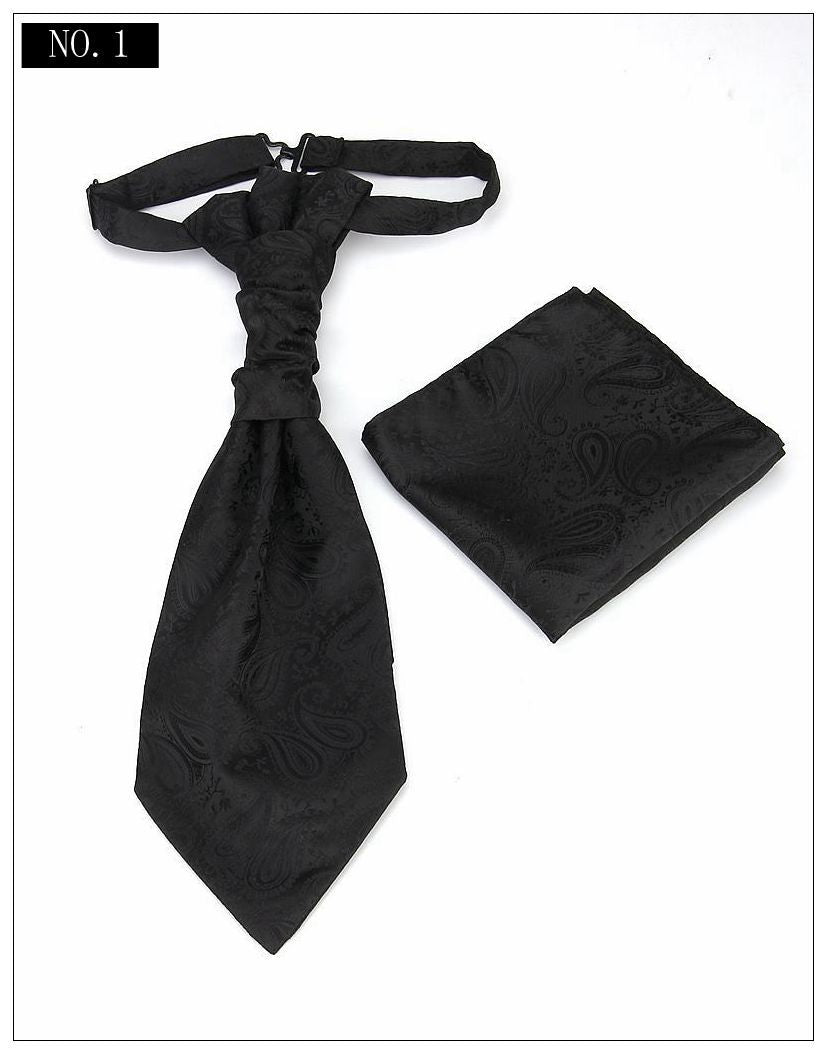 Men's Formal Paisley Ascot Cravat &amp; Pocket Square Set - Adjustable Necktie for Weddings(Black)