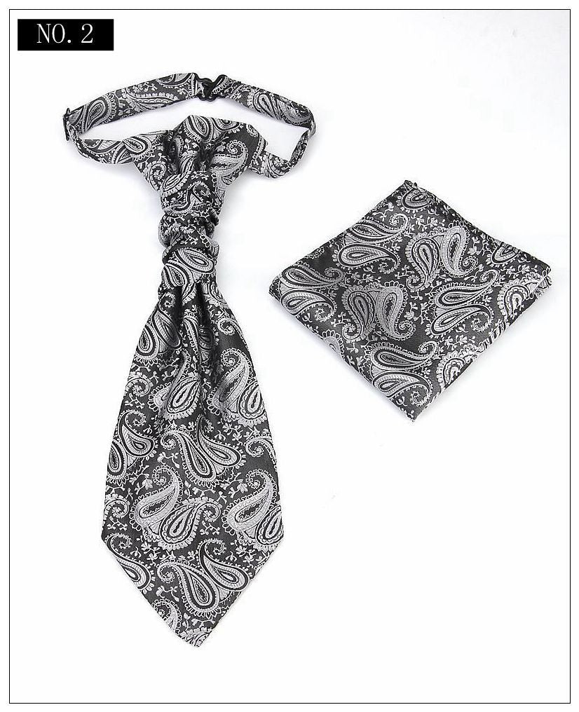 Men's Formal Paisley Ascot Cravat &amp; Pocket Square Set - Adjustable Necktie for Weddings(Dark Gray pattern)