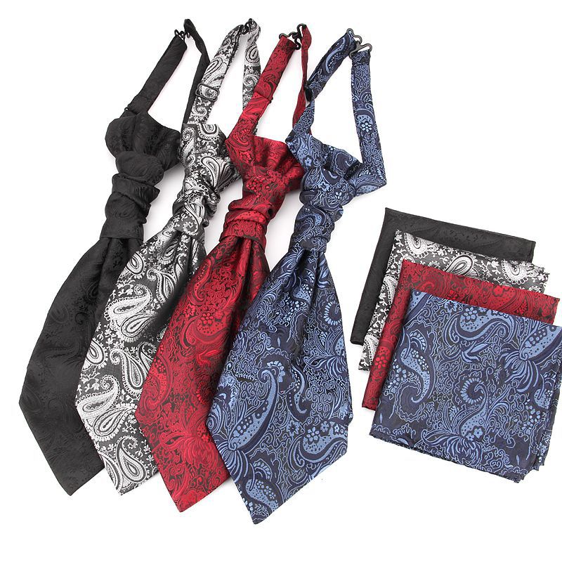 Men's Formal Paisley Ascot Cravat & Pocket Square Set - Adjustable Necktie for Weddings(Red pattern)