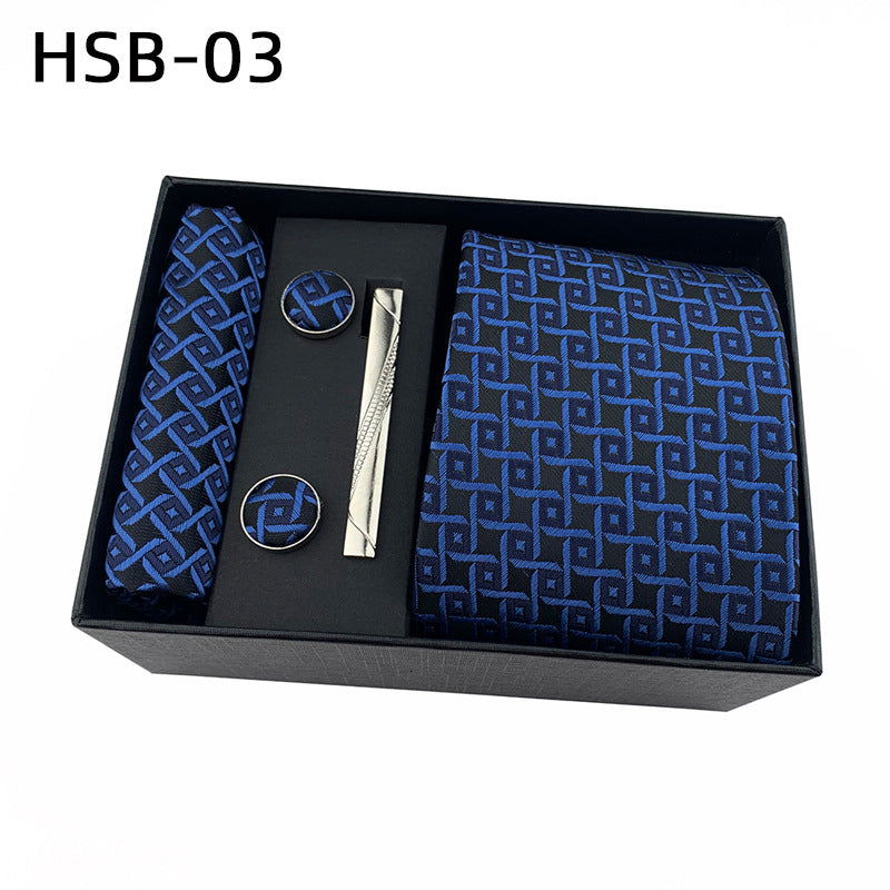Men's Luxury Necktie Gift Set - 4 Piece Set with Tie, Pocket Square, Cufflinks &amp; Tie Clip(Dark blue plaid)