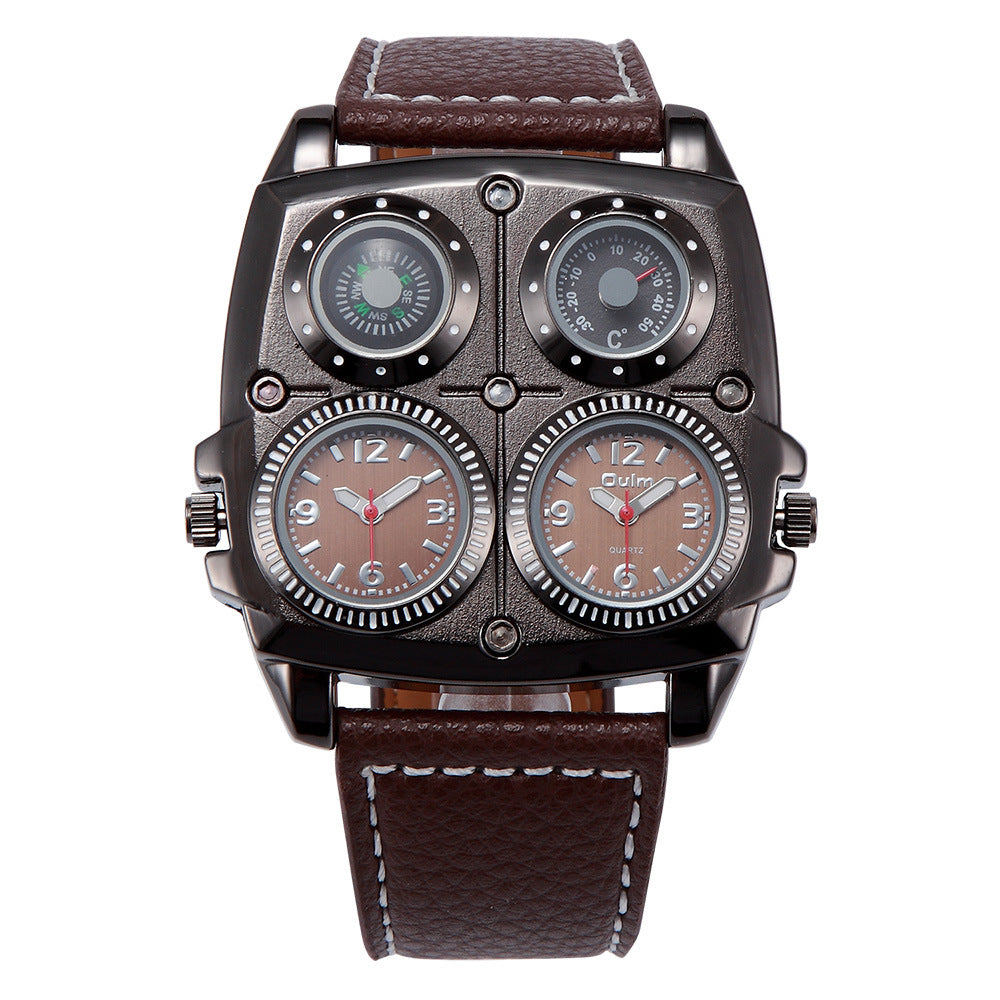 Men&#39;s Multi-Dial Sports Watch - Dual Time Zone, Compass, Thermometer, Luminous Hands(Brown)
