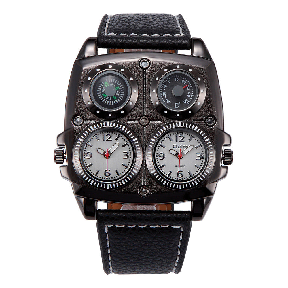 Men&#39;s Multi-Dial Sports Watch - Dual Time Zone, Compass, Thermometer, Luminous Hands(Black and white)