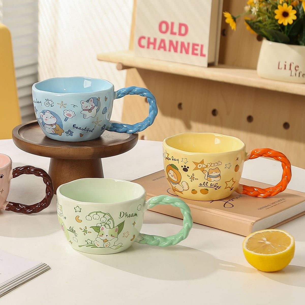 Whimsical Cat & Friends Ceramic Mug - 320ml with Unique Twisted Handle (pink)