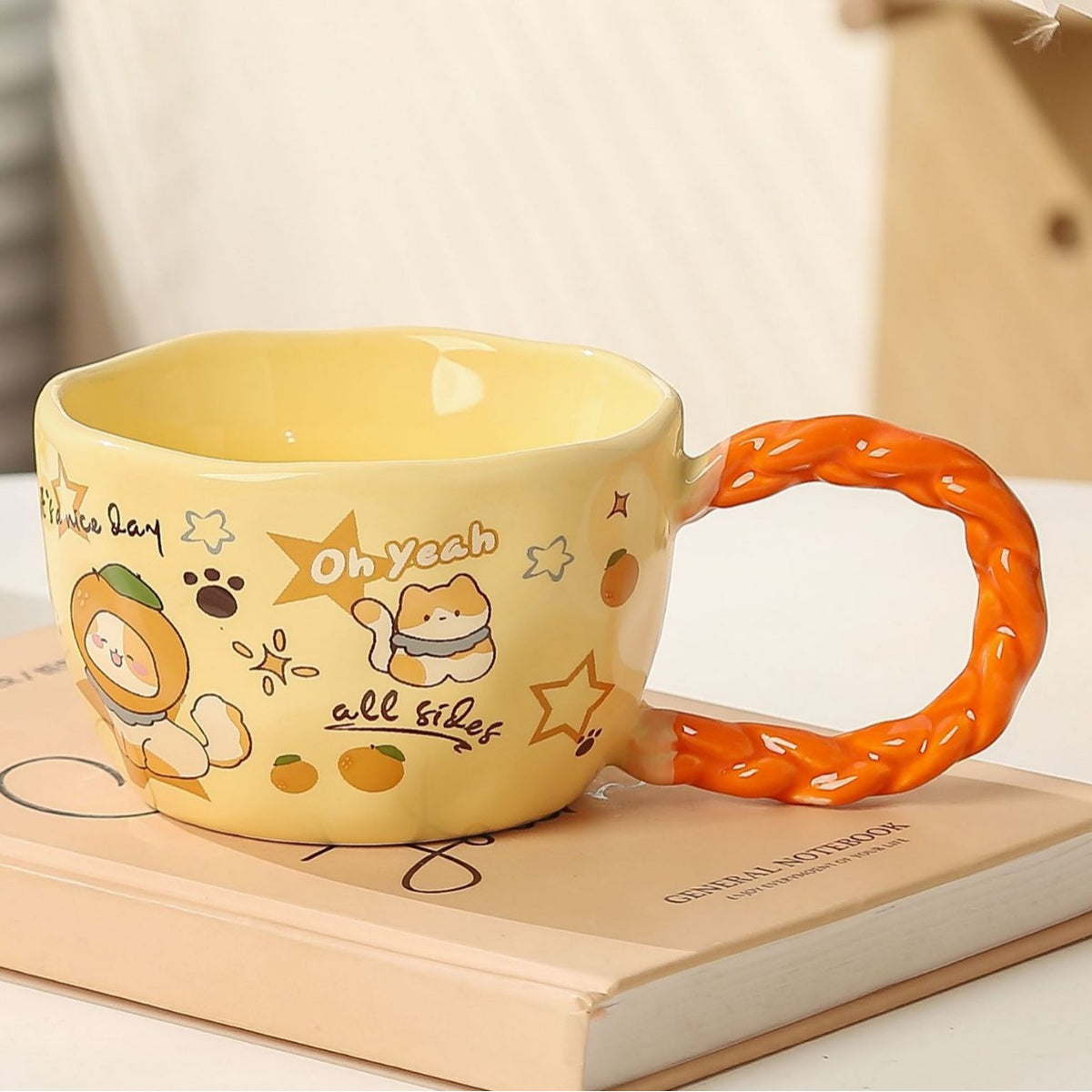 Whimsical Cat &amp; Friends Ceramic Mug - 320ml with Unique Twisted Handle (Yellow)