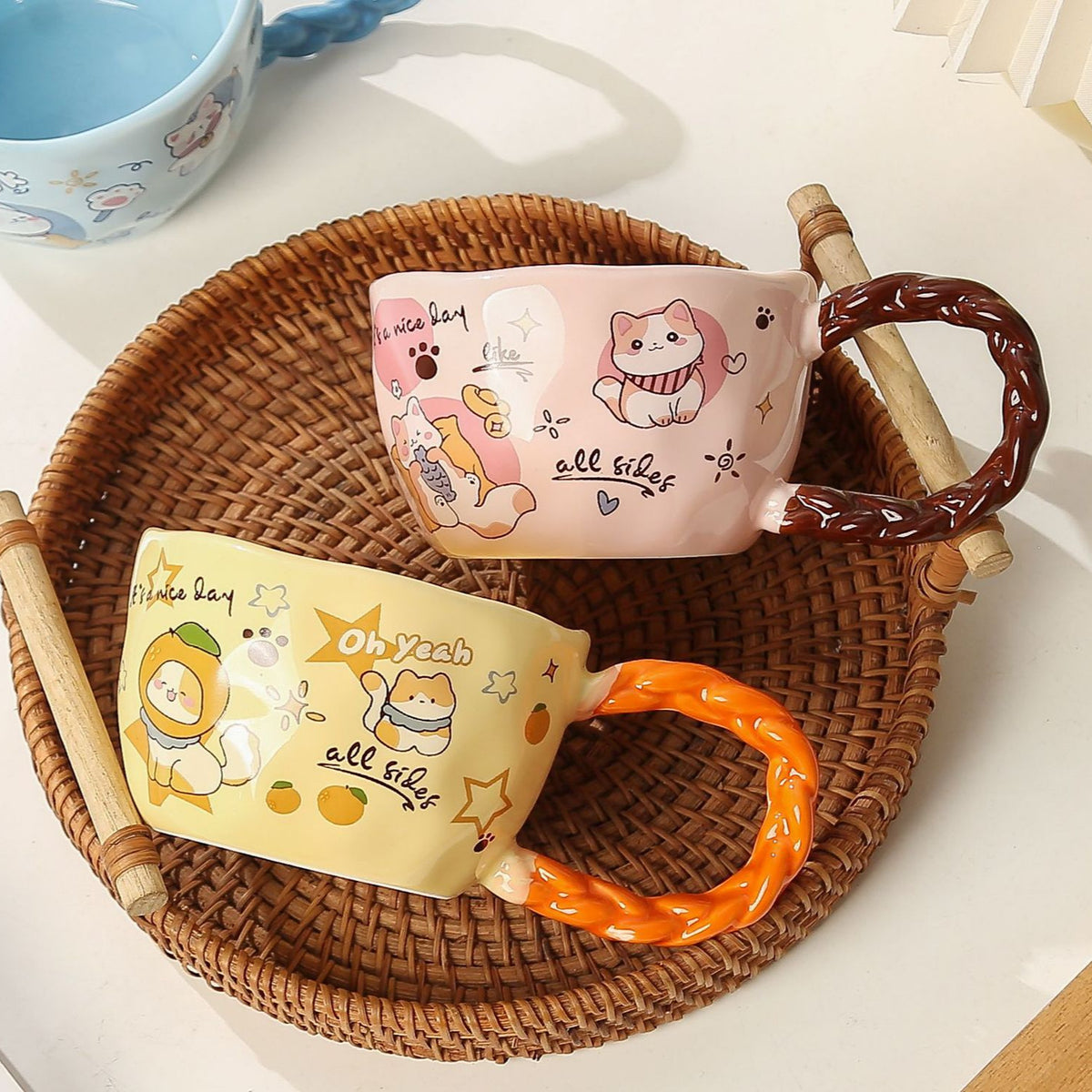 Whimsical Cat & Friends Ceramic Mug - 320ml with Unique Twisted Handle (Blue)
