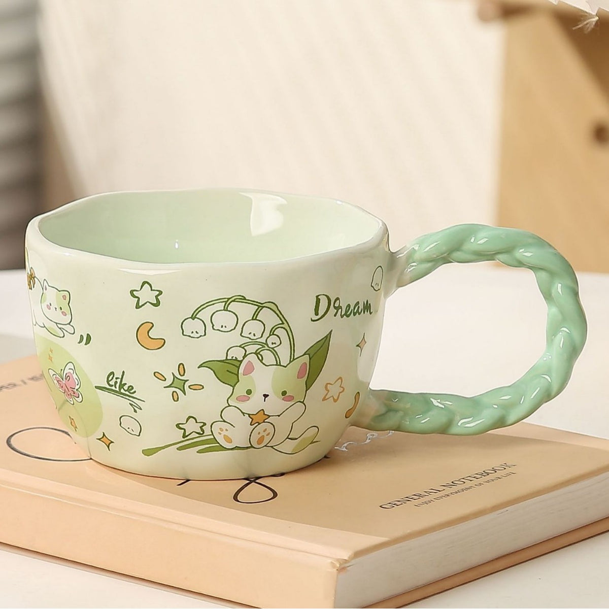 Whimsical Cat &amp; Friends Ceramic Mug - 320ml with Unique Twisted Handle (Green)