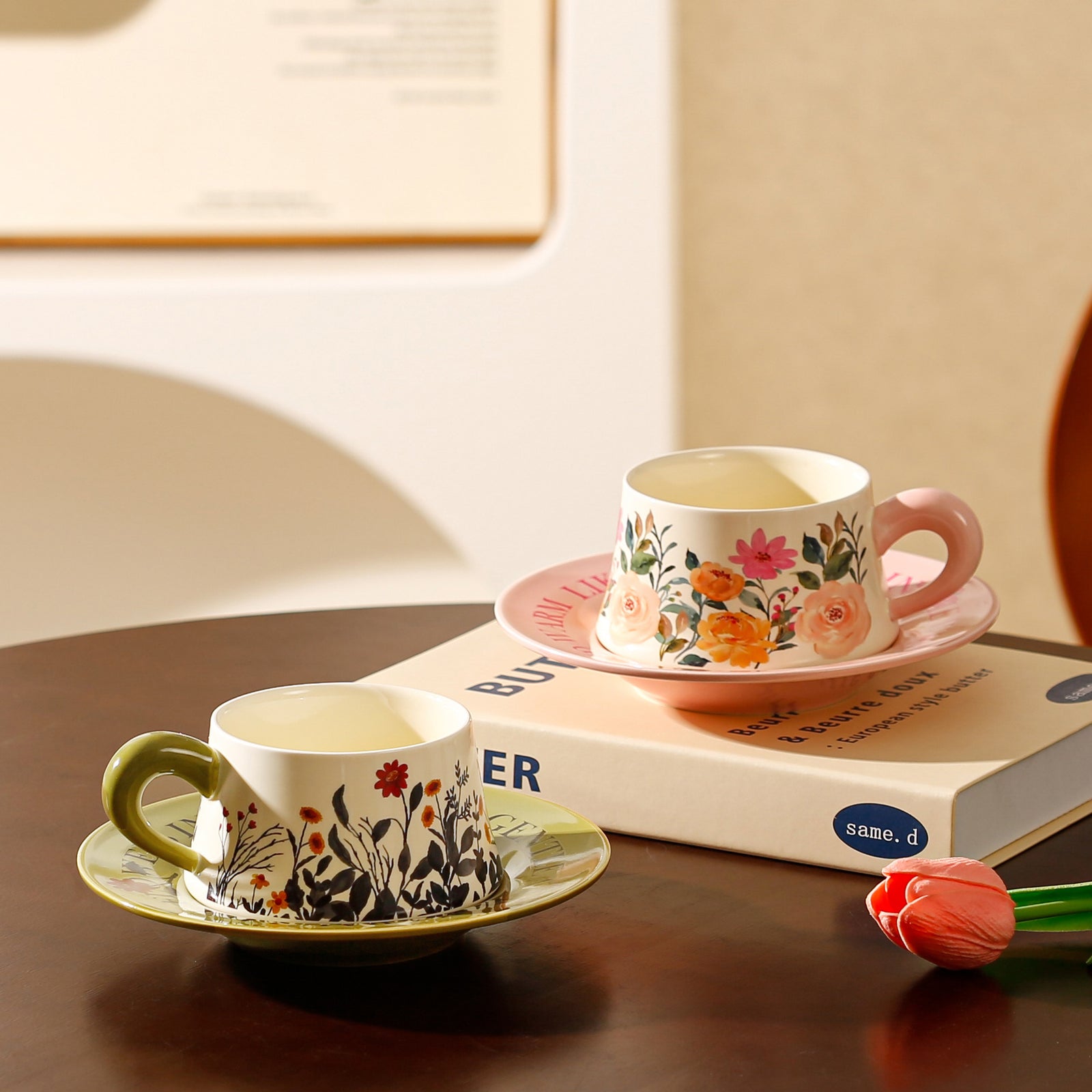 Vintage Floral Ceramic Coffee Cup & Saucer Set(White disc - pink flowers)