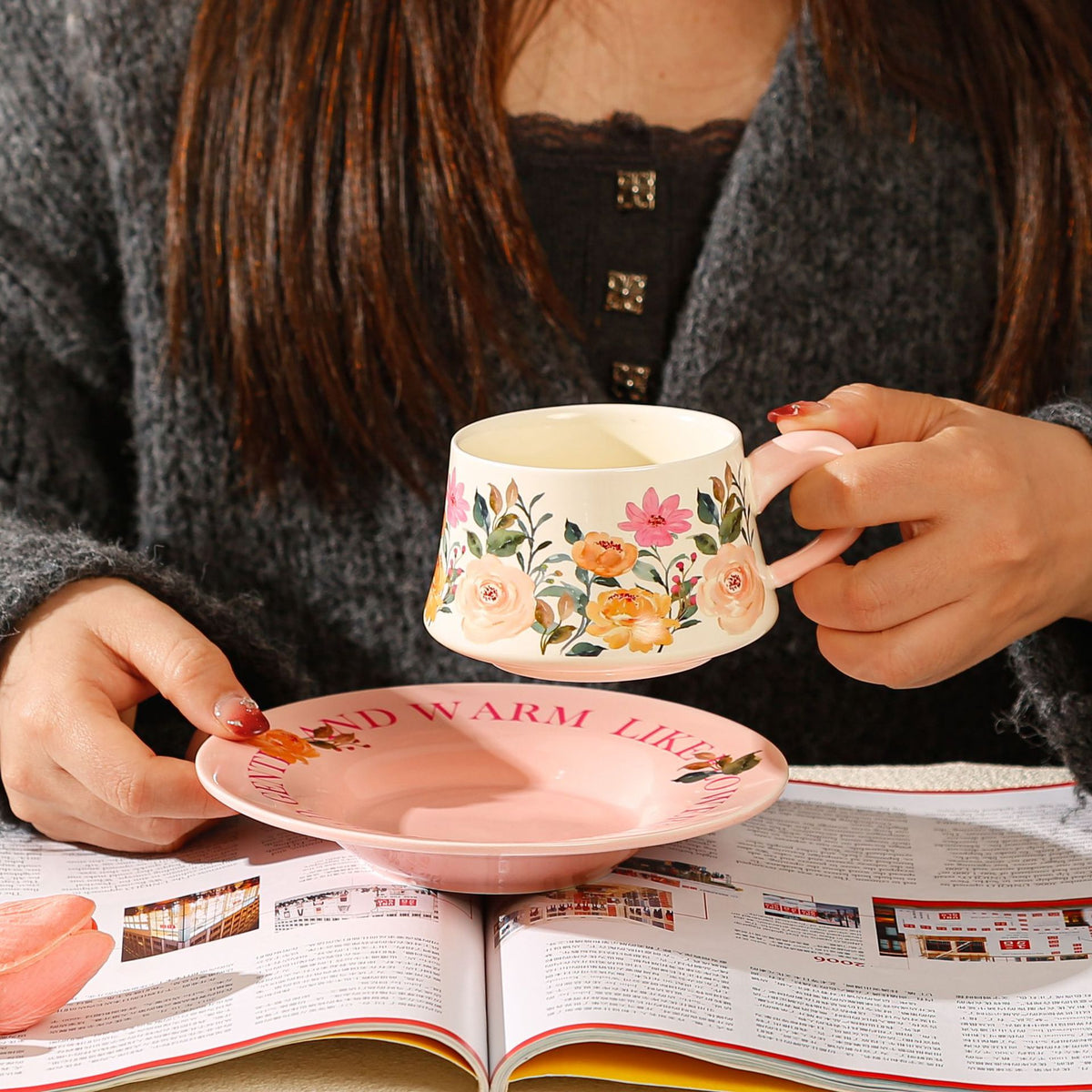 Vintage Floral Ceramic Coffee Cup & Saucer Set(White disc - purple flowers)