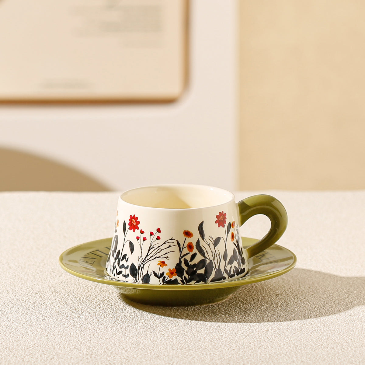 Vintage Floral Ceramic Coffee Cup &amp; Saucer Set(Green disc - green sunflowers)