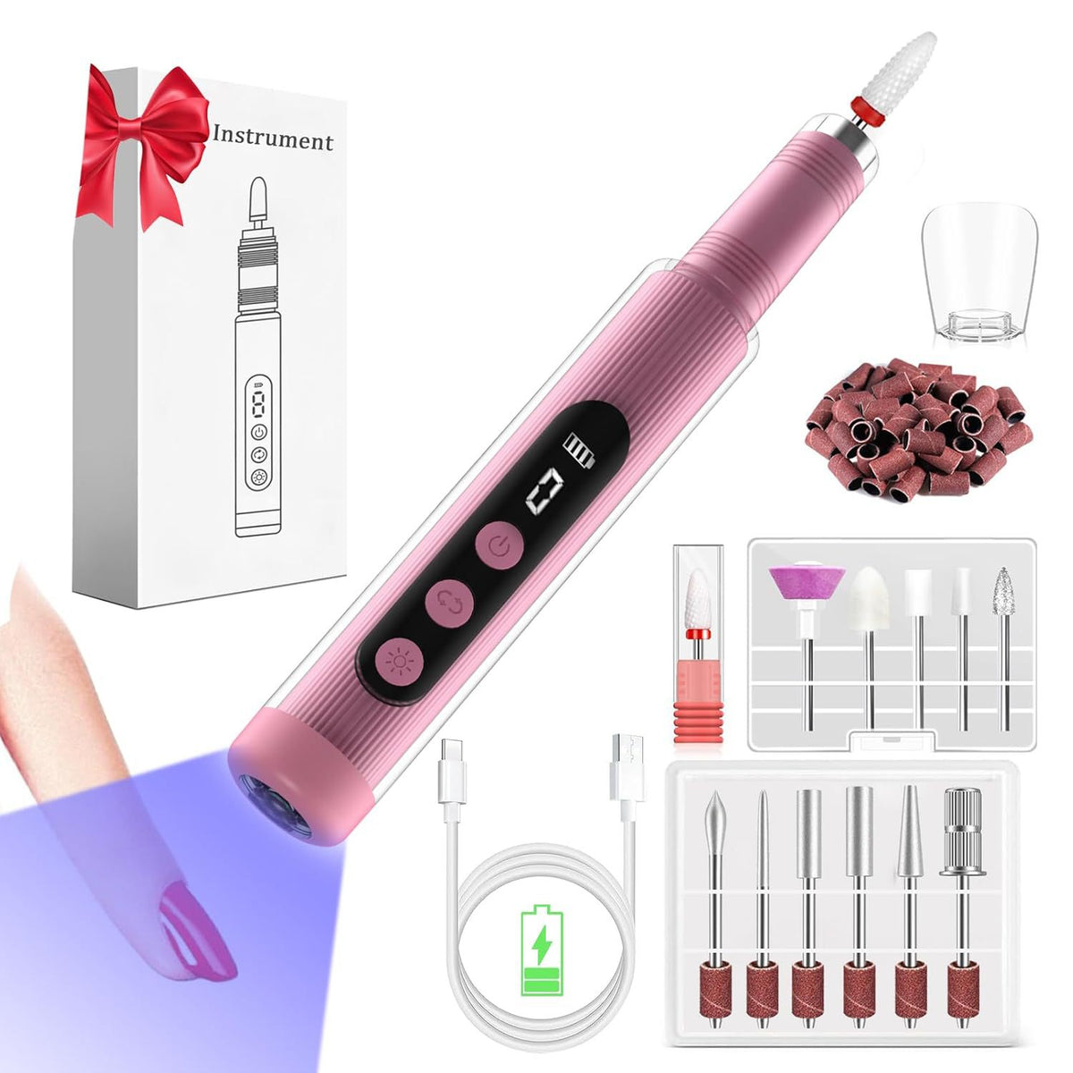 Portable Cordless Electric Nail Drill Kit with UV Lamp - 0-20000RPM, LED Display, 12 Bits(Pink)