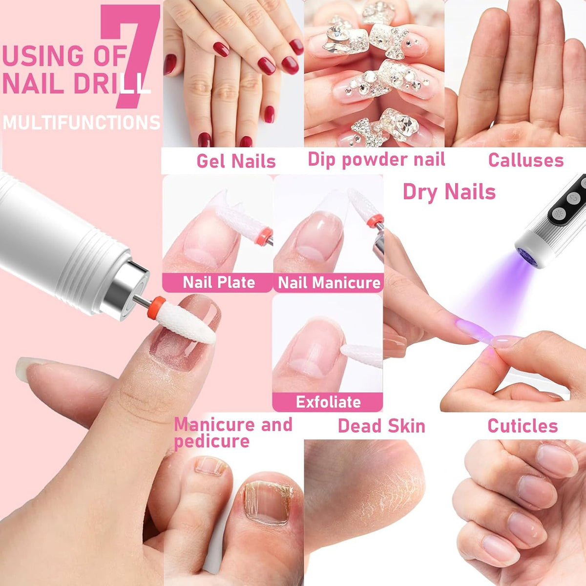 Portable Cordless Electric Nail Drill Kit with UV Lamp - 0-20000RPM, LED Display, 12 Bits(Pink)