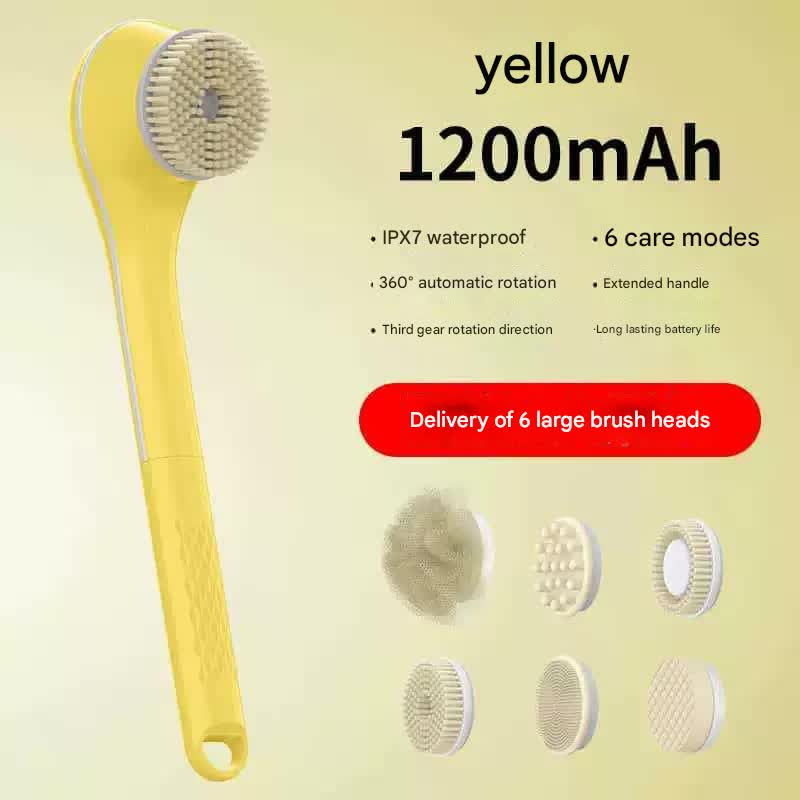 Rechargeable Electric Body Brush &amp; Back Scrubber - 6 Heads, IPX7 Waterproof(Yellow)