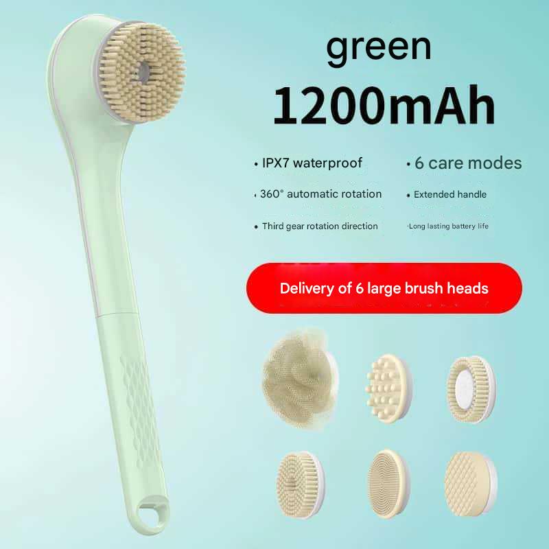 Rechargeable Electric Body Brush &amp; Back Scrubber - 6 Heads, IPX7 Waterproof(Green)
