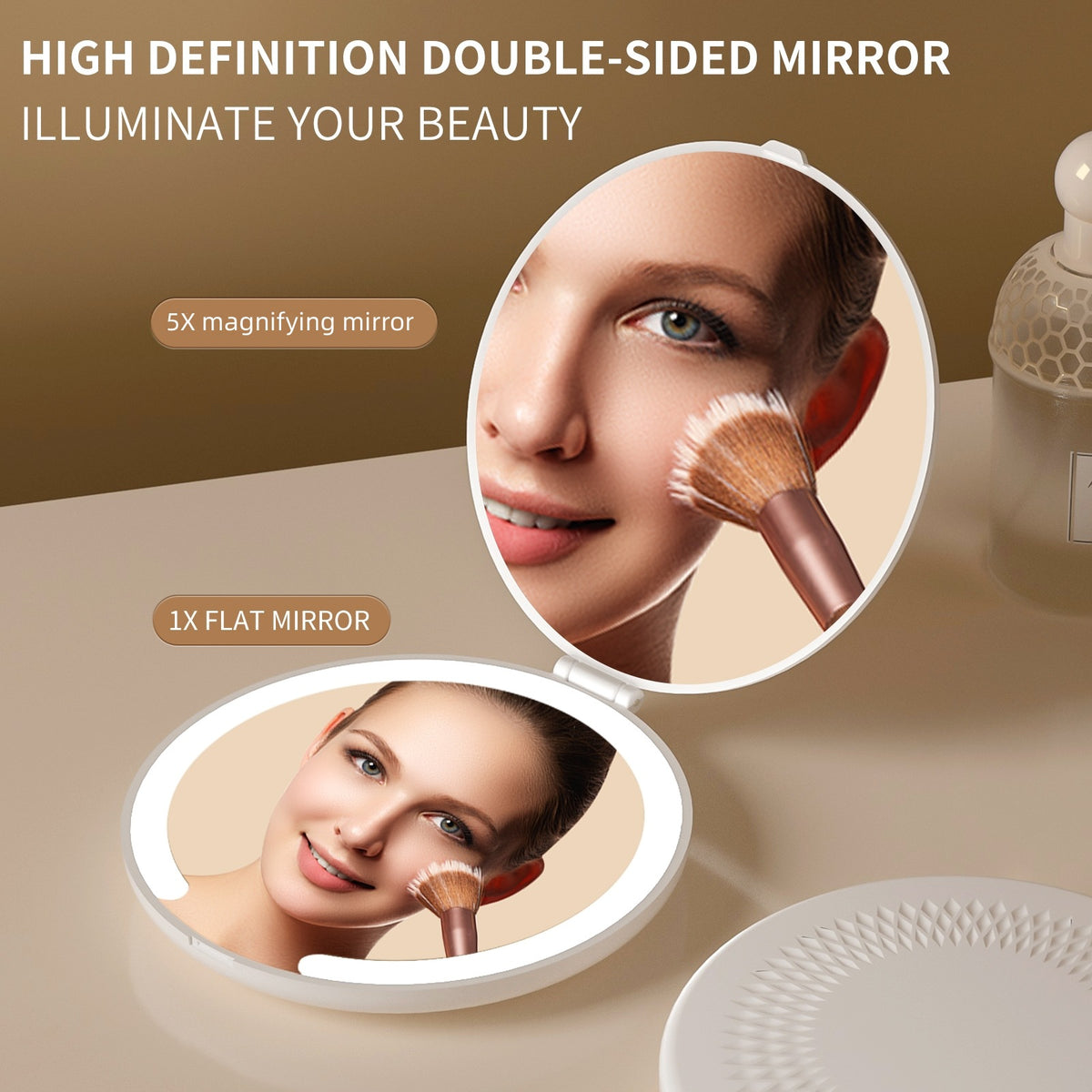 LED Lighted Travel Makeup Mirror - Double-Sided 1X/5X Magnification, USB-C Rechargeable, Induction Light(white)