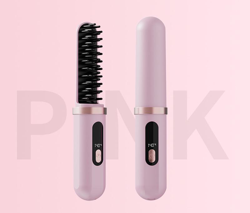 Cordless Hair Straightener Brush - 4000mAh USB-C Rechargeable, 4 Temps, Anti-Scald 3D Comb Design(Pink)