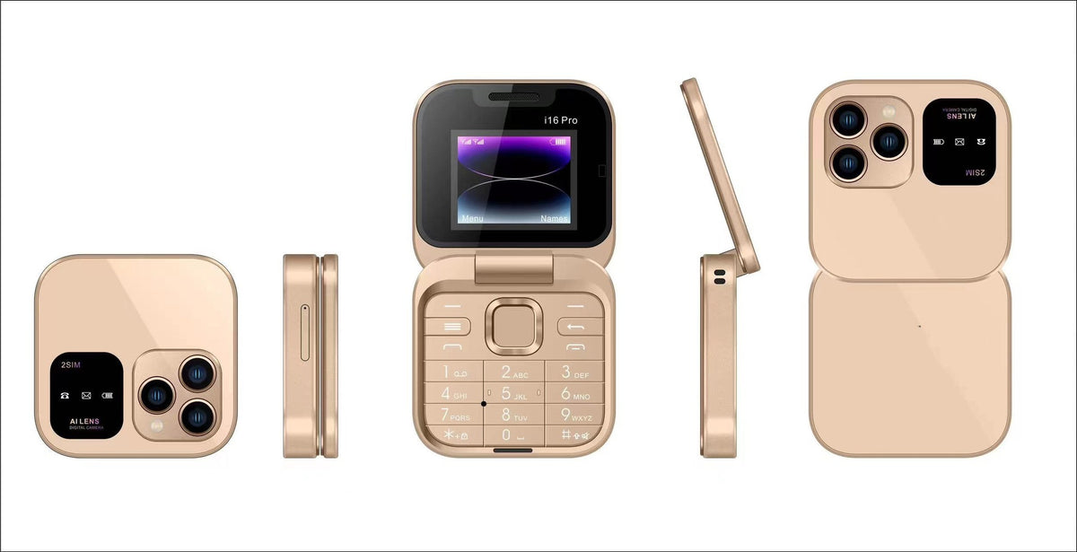 i16 Pro Mini Flip Phone - Dual SIM, AI Lens Digital Camera, Compact &amp; Stylish Design(Gold)