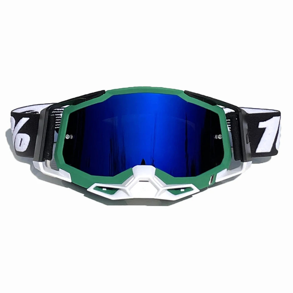 Pro Motocross Goggles - Windproof, UV400 Protection with TPU Frame &amp; PC Lens, Adjustable Strap(Green frame, blue lens)