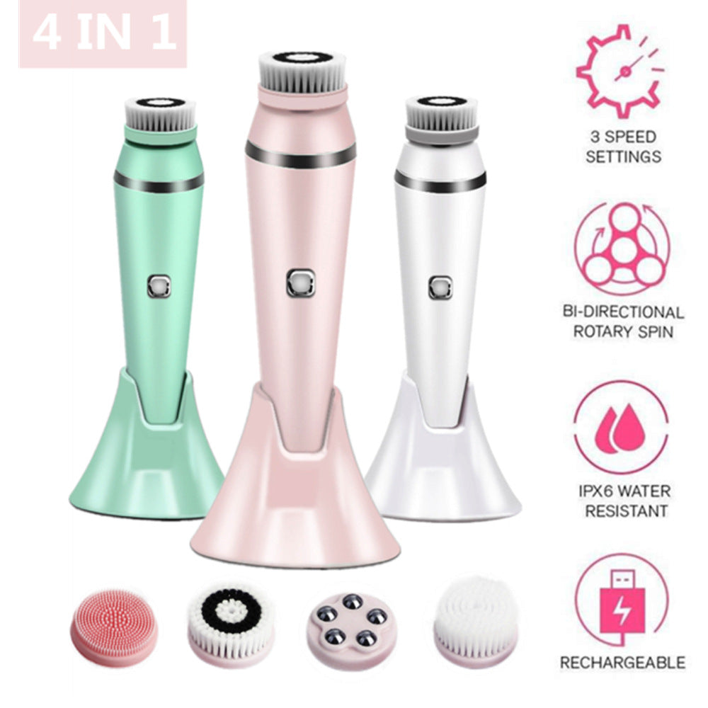 4-in-1 Electric Facial Cleansing Brush & Massager - IPX6 Waterproof, 3 Speeds, Bi-Directional Spin, USB Rechargeable(Pink)