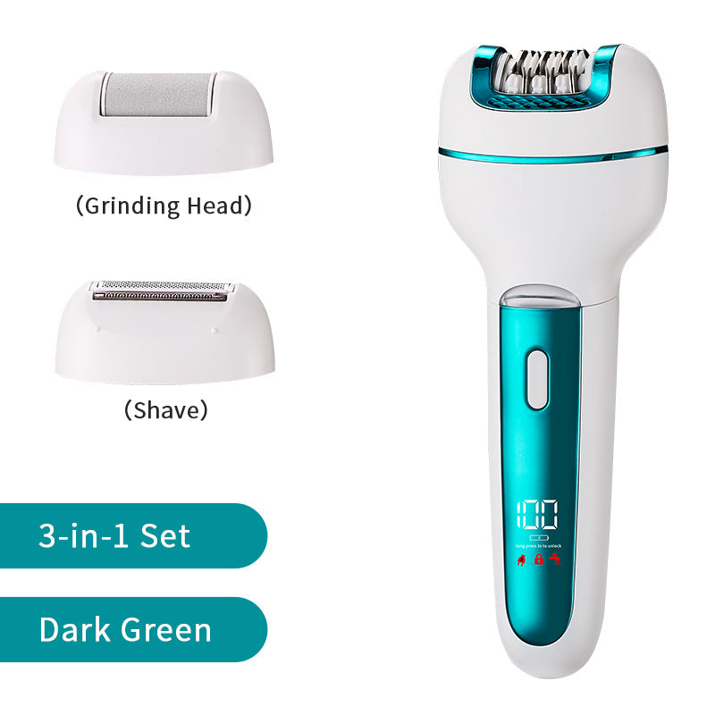 3-in-1 Ladies Electric Epilator, Shaver & Callus Remover with LED Display - Rechargeable & Waterproof(Light Green)