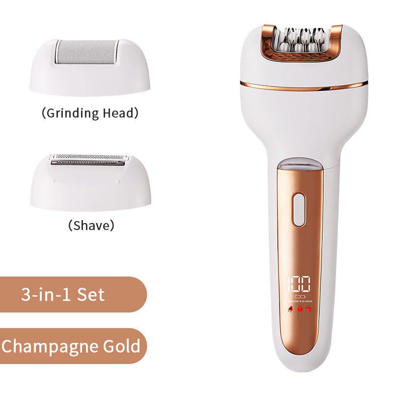 3-in-1 Ladies Electric Epilator, Shaver &amp; Callus Remover with LED Display - Rechargeable &amp; Waterproof(Gold)