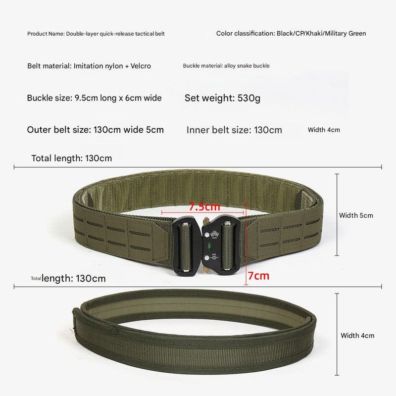 Dual Layer Quick Release Tactical Belt - Attachment System, Alloy Cobra Buckle, Adjustable Nylon(Khaki)