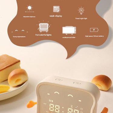 Adorable Toast-Shaped Digital Alarm Clock with Night Light & Phone Stand - Multifunctional Kids Clock(milky)