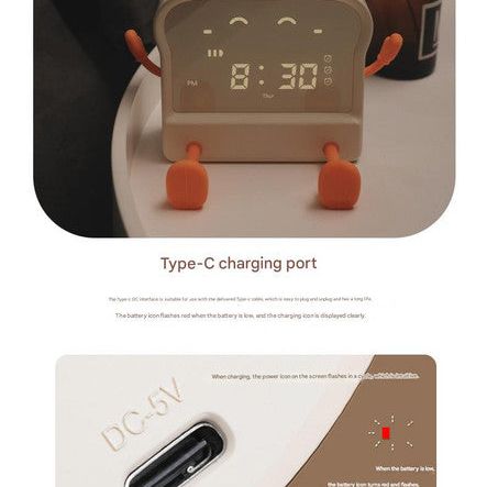 Adorable Toast-Shaped Digital Alarm Clock with Night Light & Phone Stand - Multifunctional Kids Clock(milky)