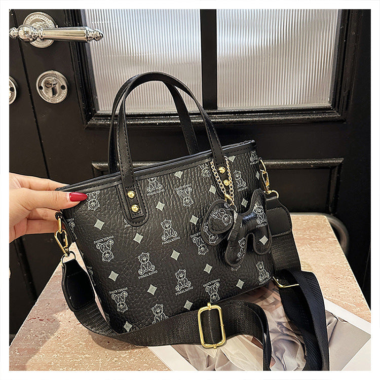 Chic Print Tote Bag with Bear Charm - Versatile Handbag &amp; Crossbody(black)