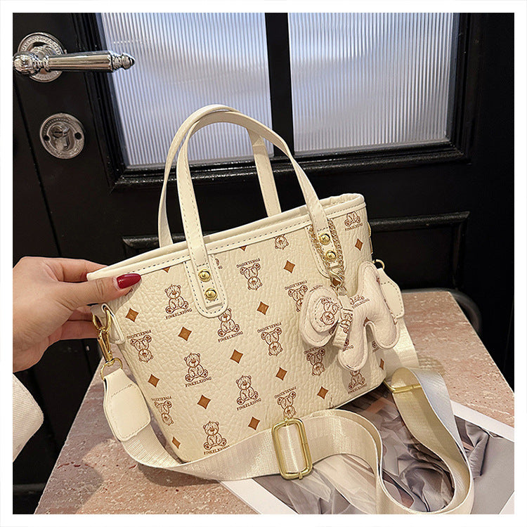 Chic Print Tote Bag with Bear Charm - Versatile Handbag &amp; Crossbody(Beige)