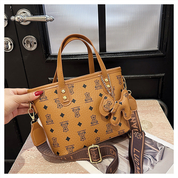 Chic Print Tote Bag with Bear Charm - Versatile Handbag &amp; Crossbody(Brown)