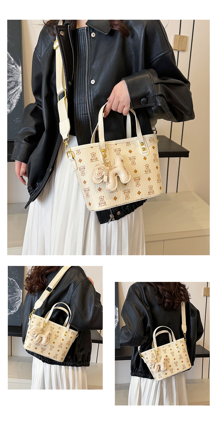 Chic Print Tote Bag with Bear Charm - Versatile Handbag & Crossbody(Brown)