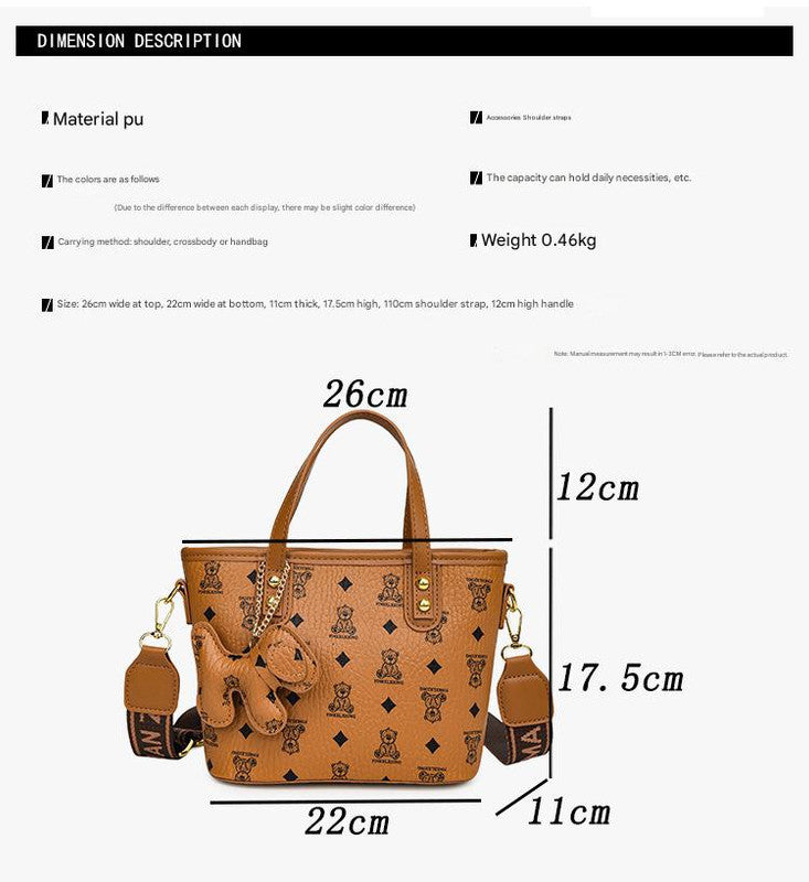 Chic Print Tote Bag with Bear Charm - Versatile Handbag & Crossbody(Brown)