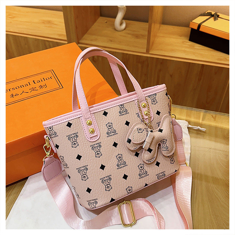 Chic Print Tote Bag with Bear Charm - Versatile Handbag &amp; Crossbody(Pink)