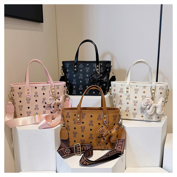 Chic Print Tote Bag with Bear Charm - Versatile Handbag & Crossbody(Pink)