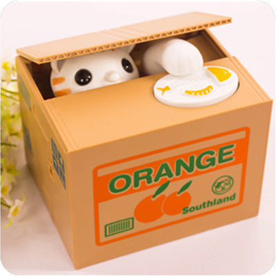 Adorable Cat Stealing Coin Piggy Bank - Automatic Money Saving Box for Kids &amp; Adults(Orange and white cat)