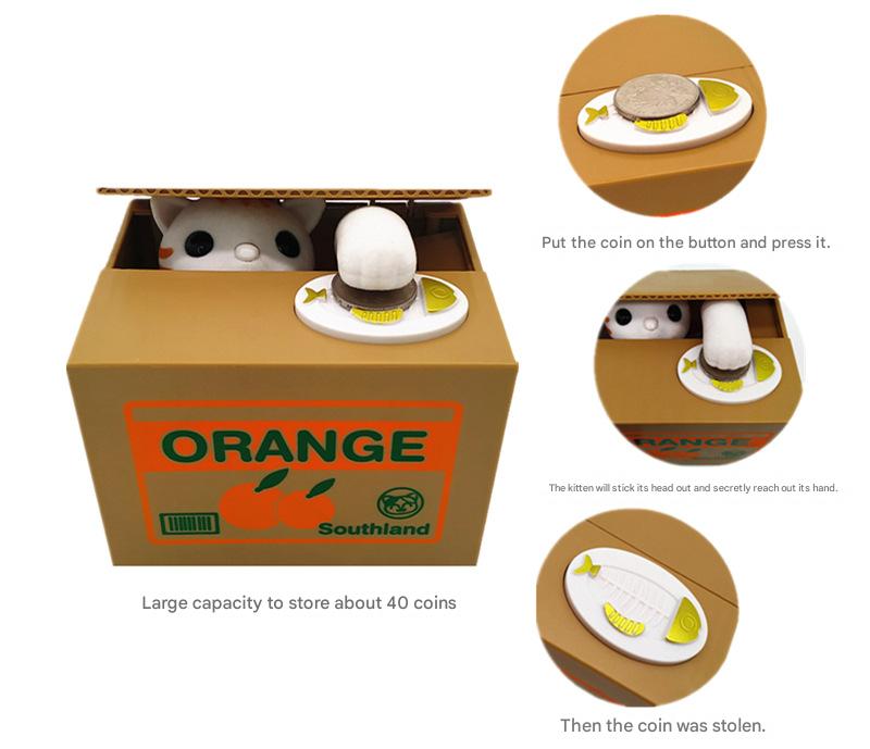 Adorable Cat Stealing Coin Piggy Bank - Automatic Money Saving Box for Kids & Adults(Orange and white cat)