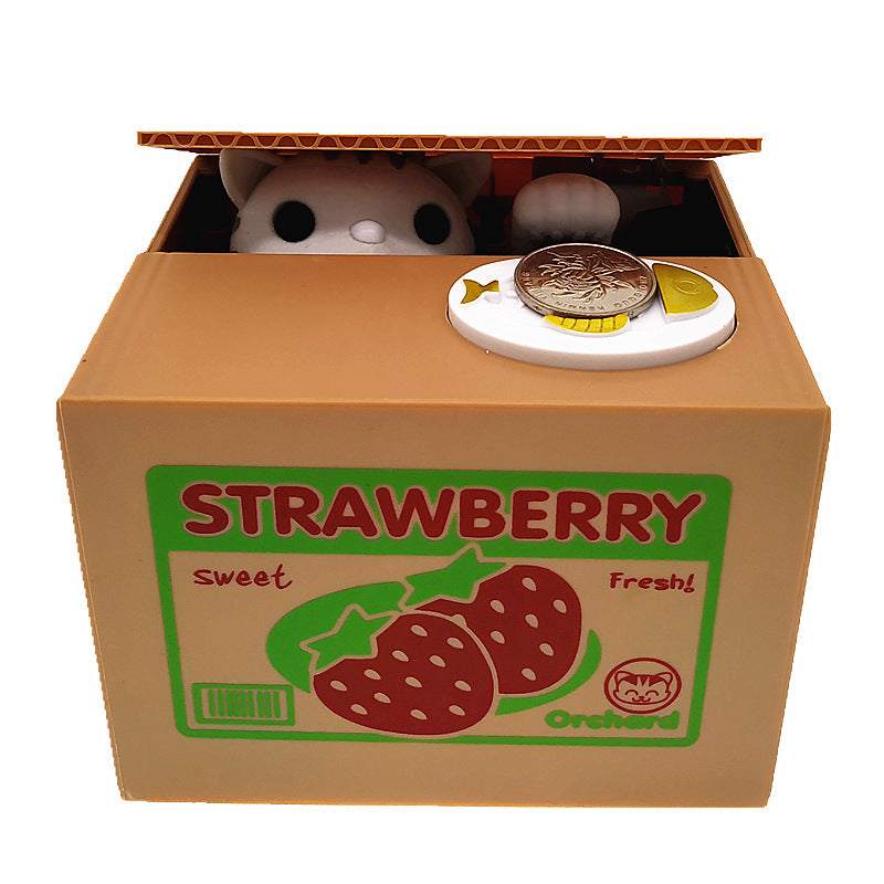 Adorable Cat Stealing Coin Piggy Bank - Automatic Money Saving Box for Kids &amp; Adults(Strawberry white cat)