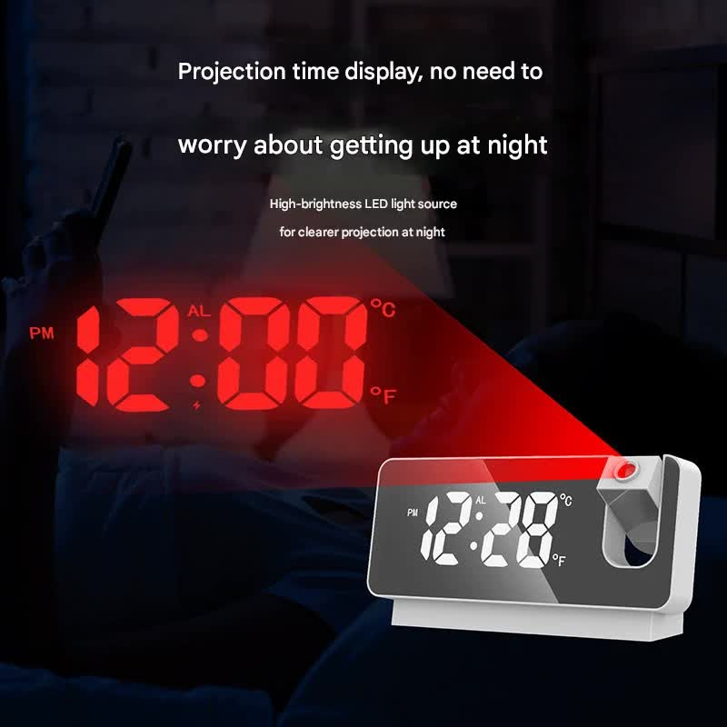 LED Digital Projection Alarm Clock - Temperature, Date, Snooze & 180 Adjustable Projector(Black shell white light)