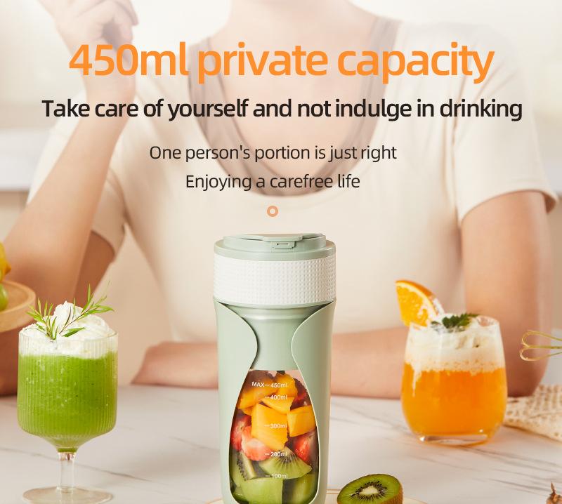 Portable Wireless Juicing Cup - 450ml, 6-Blade Ice Crusher, USB-C Fast Charging Smoothie Blender(green)