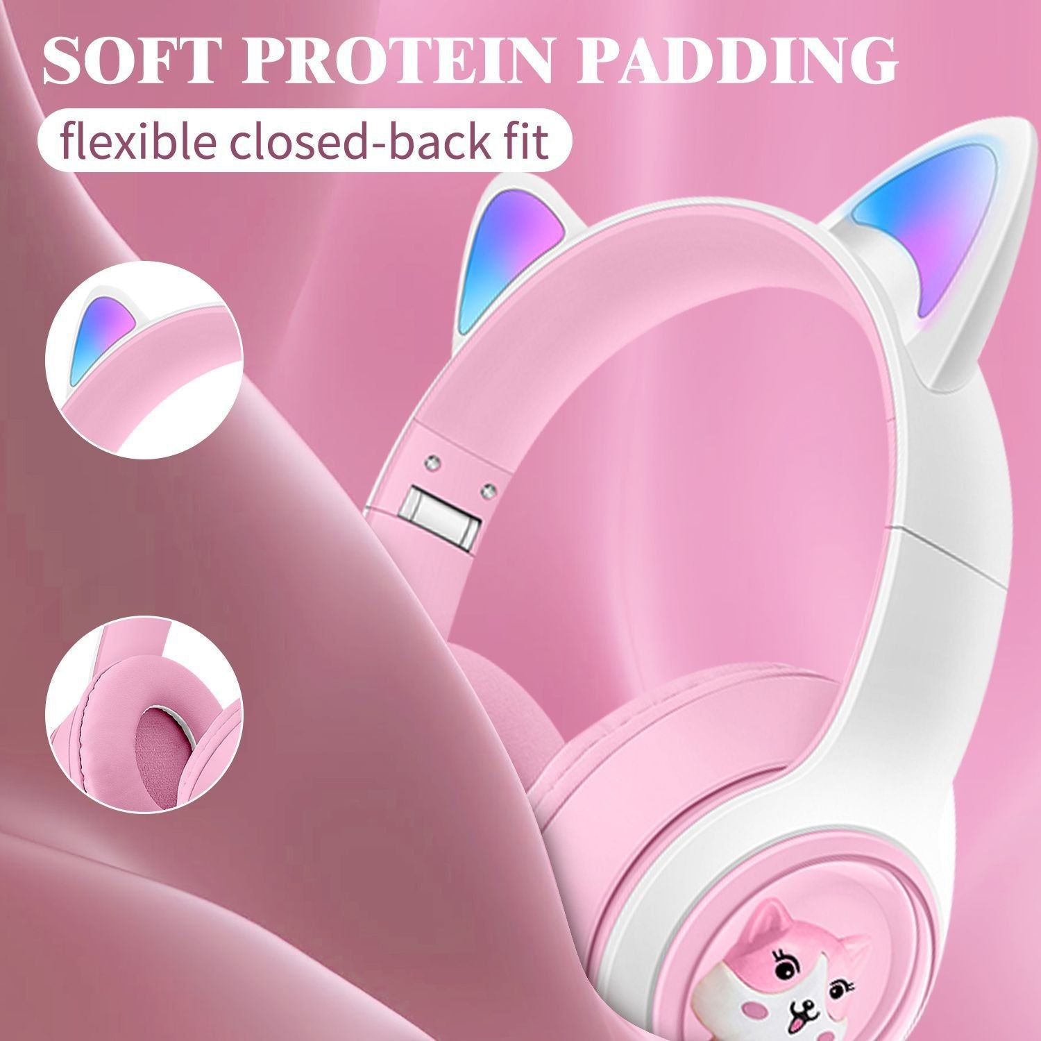 Cute Cat Ear Wireless Headphones - BT5.3, LED Lights, TF Card Slot, Soft Protein Padding(Pink)