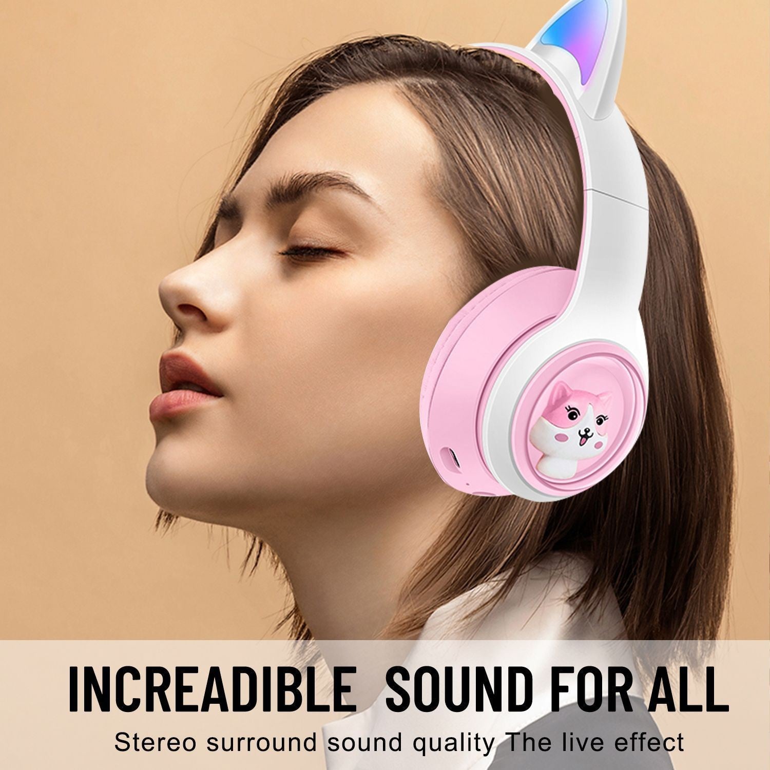 Cute Cat Ear Wireless Headphones - BT5.3, LED Lights, TF Card Slot, Soft Protein Padding(Pink)